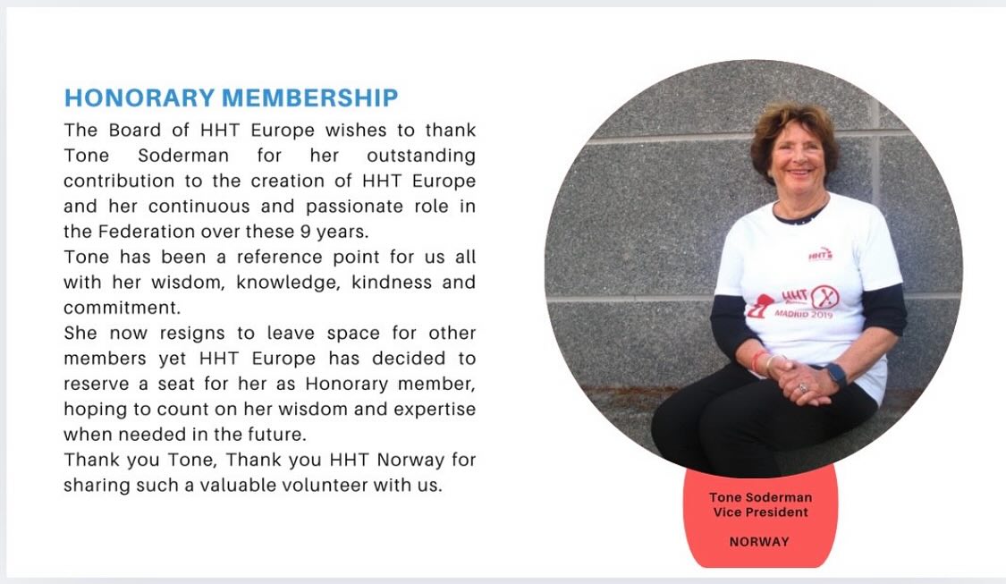 Artikkelbilde til artikkelen Tone Søderman, nå æresmedlem i HHT-Europa